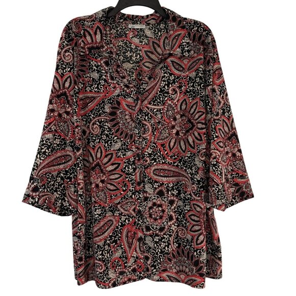 Catherines Shirt Womens 2X Plus Button Up Black Red‎ Paisley Blouse 3/4 Sleeve - Picture 1 of 8